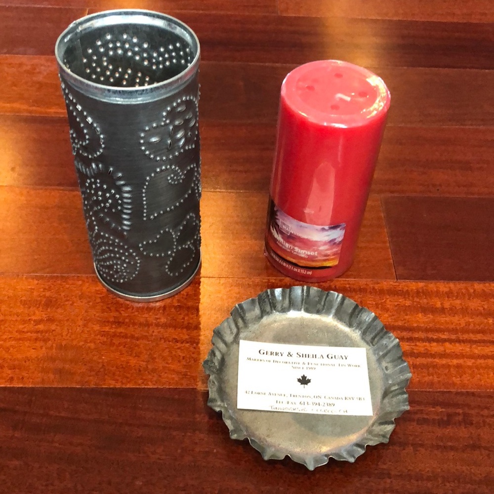 Handcrafted Punched Tin Candle Holder w 6” candle
